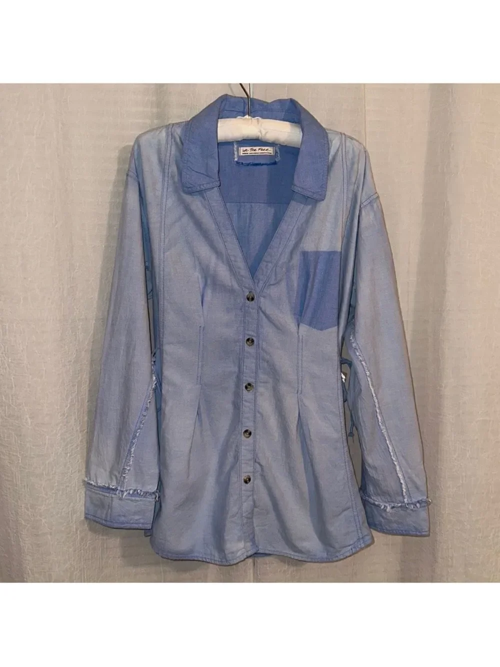 free people M-L Blue Chambray Denim Vintage Wash Distressed Shirt Tunic